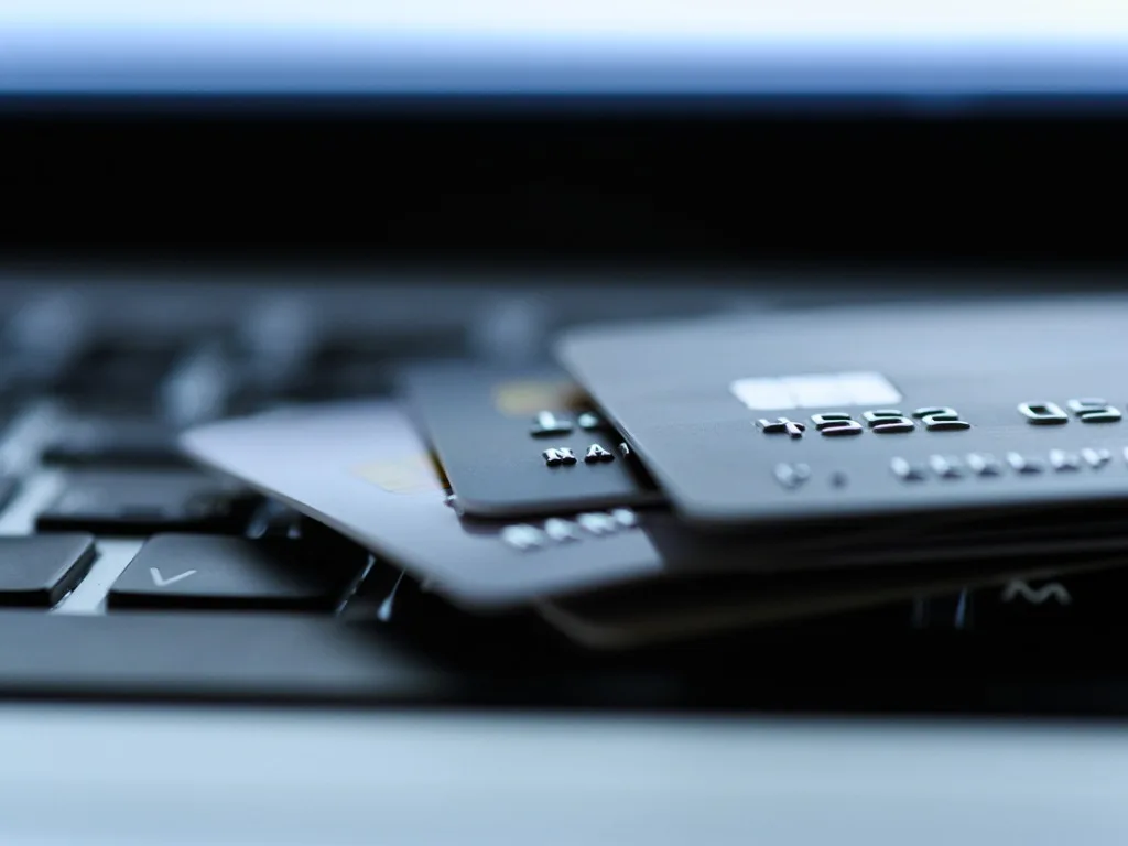 close up shot of credit card on laptop computer payment for purchases from online stores and