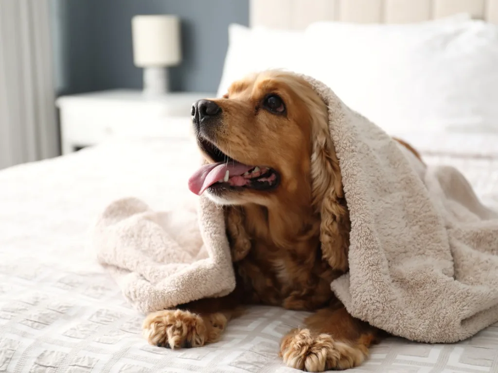 cute english cocker spaniel covered with towel on bed indoors pet friendly hotel