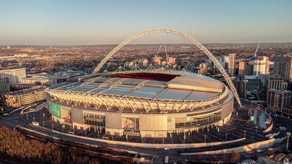 Aerial view of Wembley Stadium at sunrise in London the United Kingdom