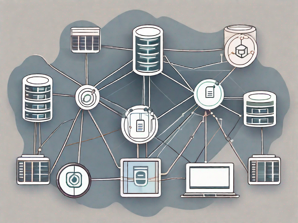 Various types of database management software icons interconnected in a network