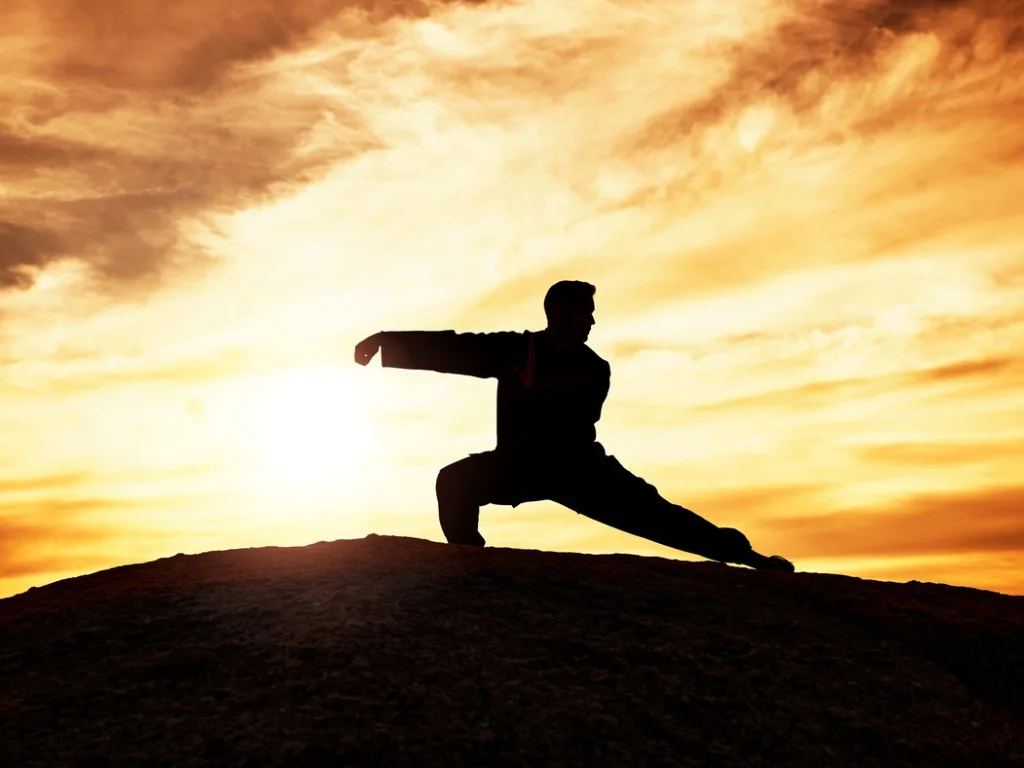 tai chi exercise and man at sunset to practice a spiritual workout in nature with an athlete