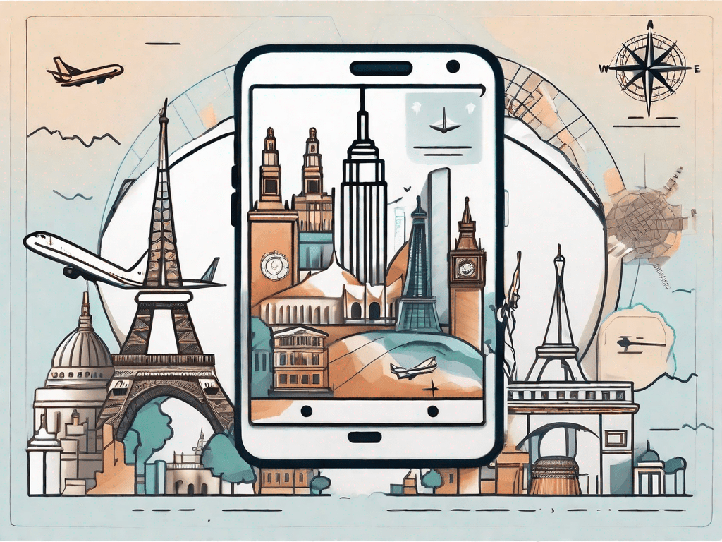 A smartphone with various travel-related icons (like a compass