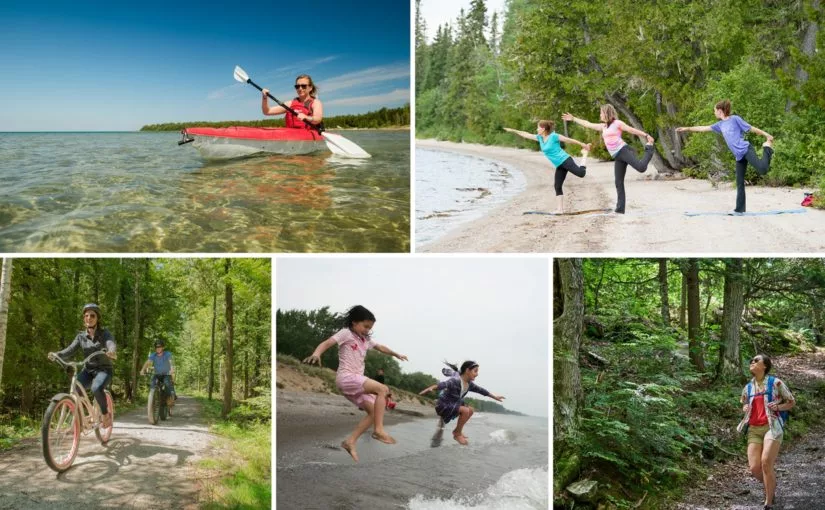 outdoor activities, kayaking, yoga on beach, walking,